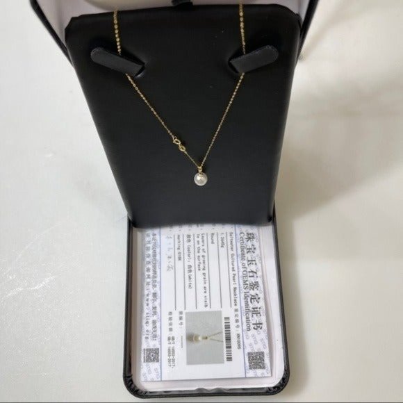 18K Solid Gold Certificated 8.5 mm Natural White AKOYA Pearl Pendant Necklace - Picture 7 of 13